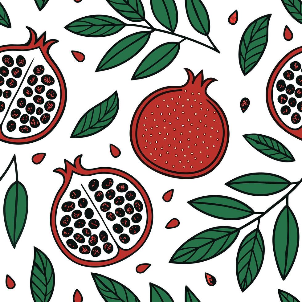 Juicy pomegranate seamless tile pattern with rich red seeds and green leaves concept as Rich red pomegranate seeds and green leaves form a juicy pomegranate seamless tile pattern f Dynamic vector