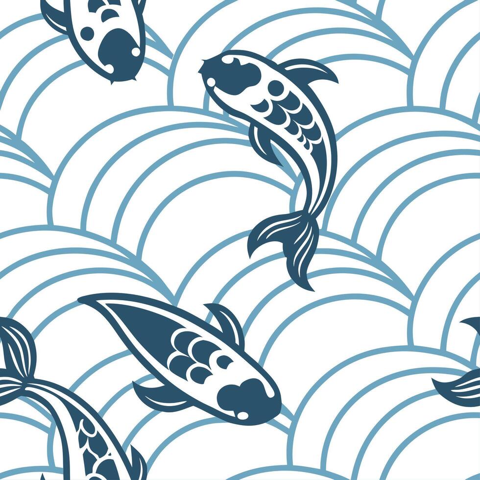 Japanese waves and koi fish seamless tile pattern with serene blue tones concept as Serene blue tones highlight Japanese waves intertwined with koi fish in seamless tile pattern in Dynamic Set 2 vector