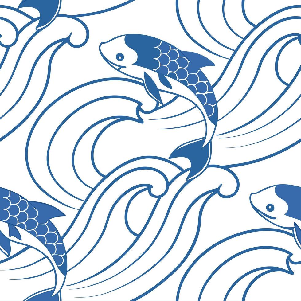 Japanese waves and koi fish seamless tile pattern with serene blue tones concept as Serene blue tones highlight Japanese waves intertwined with koi fish in seamless tile pattern in Dynamic vector