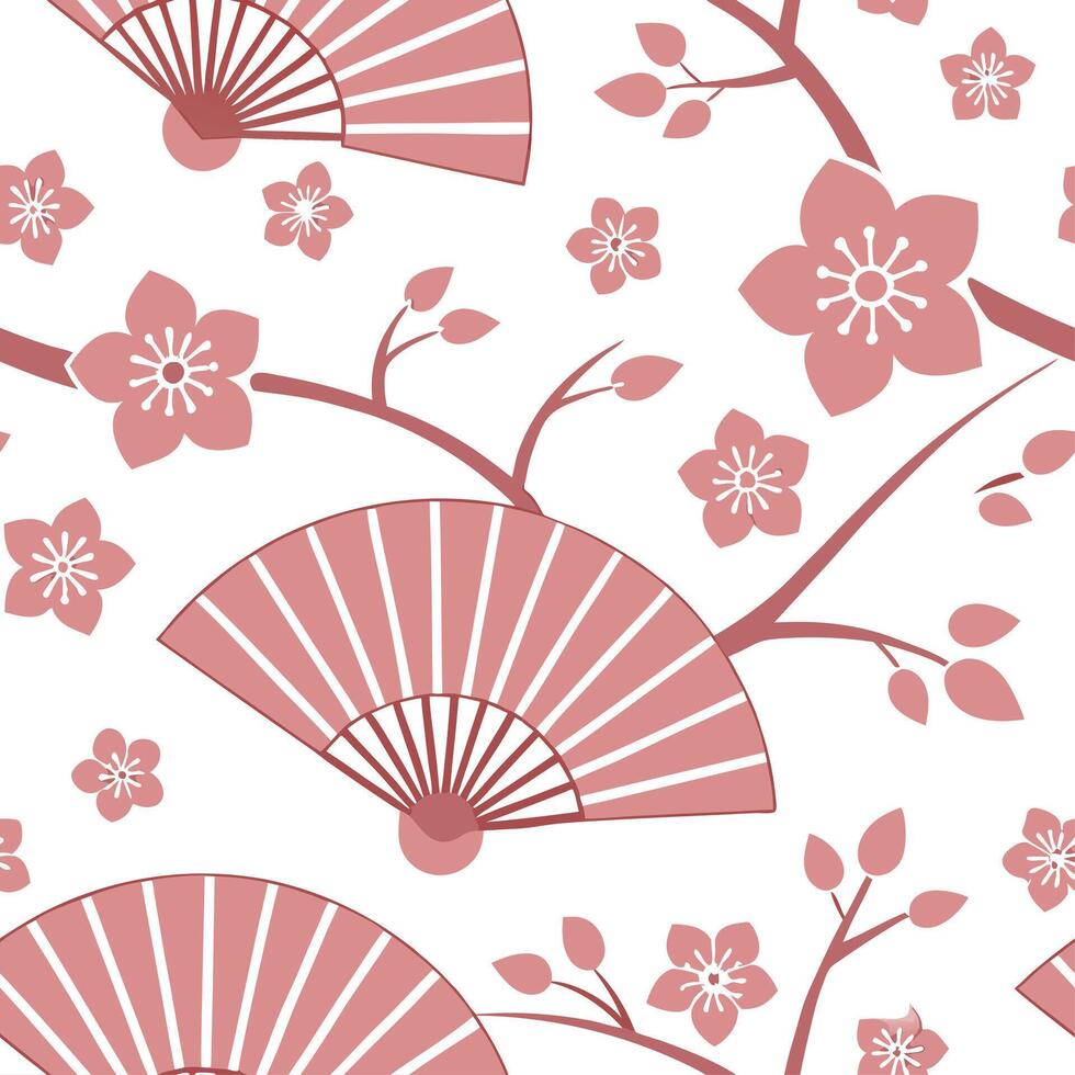 Japanese cherry blossoms and traditional fans seamless tile pattern with soft pink and white tones concept as Soft pink and white tones highlight Japanese cherry blossoms intertwin Dynamic vector
