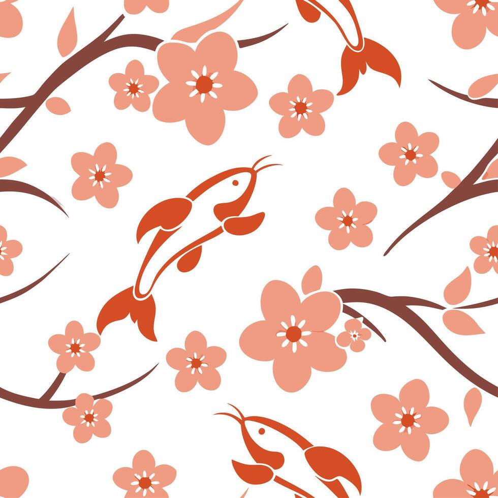 Japanese cherry blossoms and koi fish seamless tile pattern with serene pink and orange hues concept as Serene pink and orange hues feature Japanese cherry blossoms and koi fish in Dynamic vector