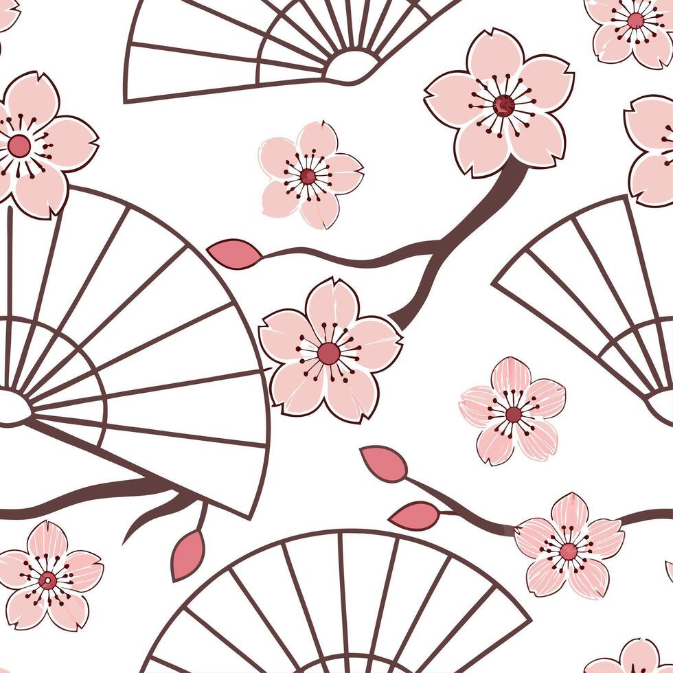 Japanese sakura blossoms and traditional fans seamless tile pattern with soft pink and white tones concept as Soft pink and white tones highlight Japanese sakura blossoms intertwin Dynamic vector