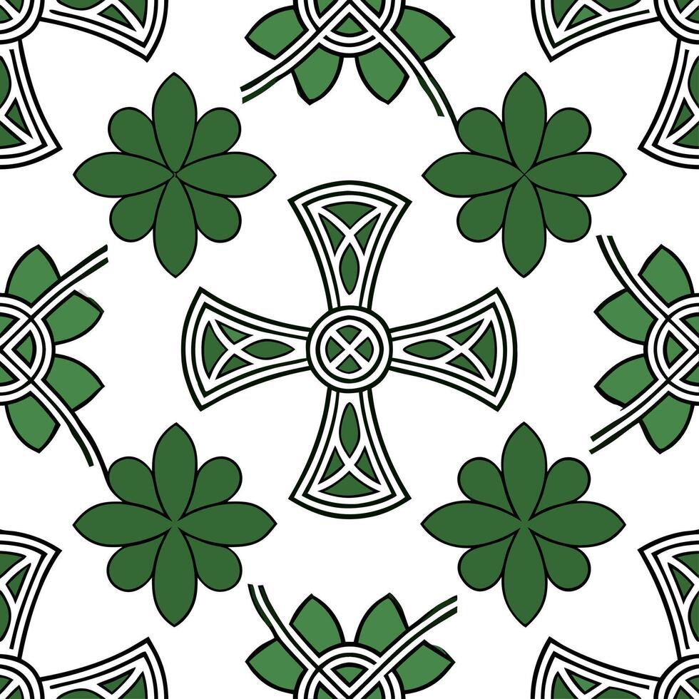 Irish Celtic cross and shamrocks seamless tile pattern with rich green accents concept as Rich green accents highlight Irish Celtic crosses intertwined with shamrocks in seamless t Dynamic vector