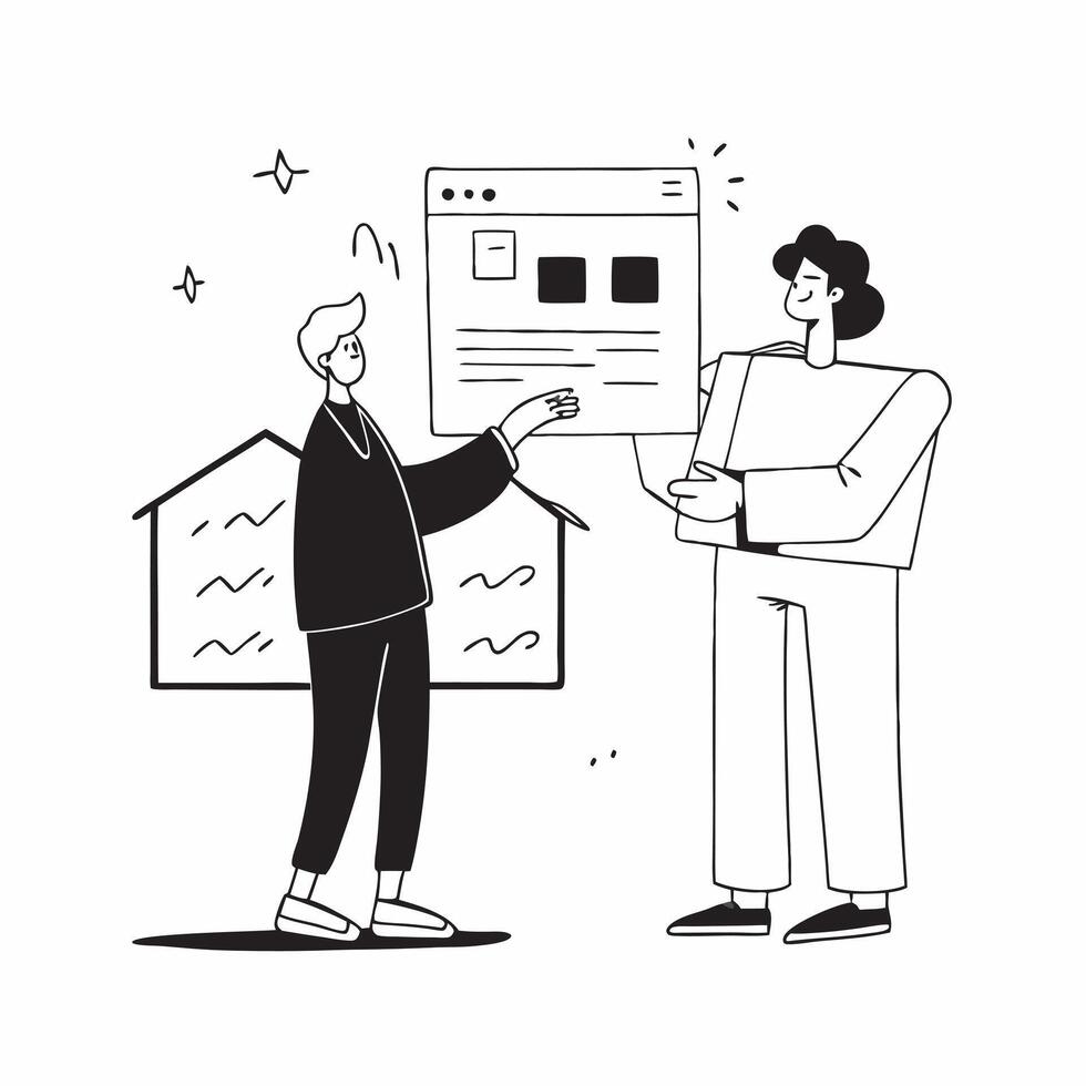 Influencer presenting a mockup house for sale in a neighborhood concept as An influencer presents a mockup house for sale in a neighborhood highlighting the property features and l Dynamic vector