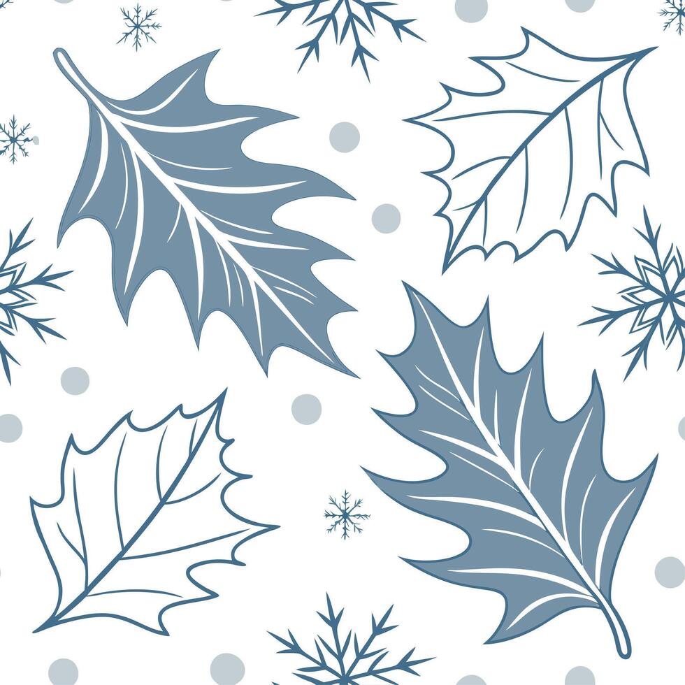 Icy frost leaf seamless tile pattern with delicate snowflakes and cool blue accents concept as Delicate snowflakes on icy frost leaves create a seamless tile pattern with cool blue Dynamic vector