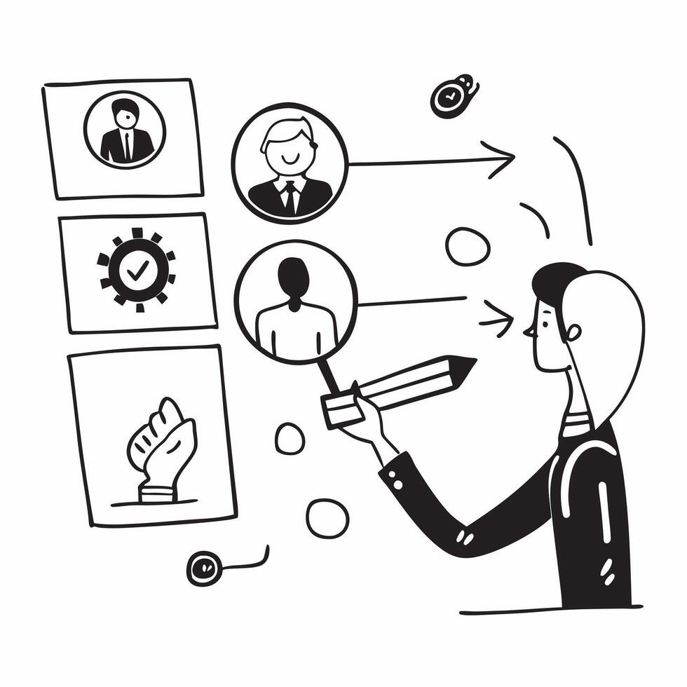 HR manager with recruitment icons concept as An HR managers profile blended with recruitment icons symbolizing talent acquisition and opportunities during a company open house Ide Dynamic vector