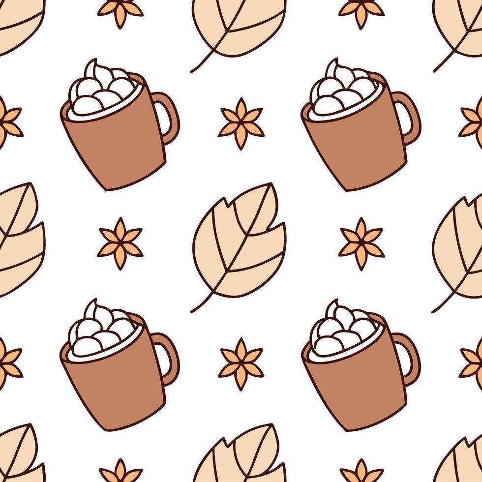 Hot cocoa and marshmallows seamless tile pattern with warm inviting colors concept as Hot cocoa topped with marshmallows creates a seamless tile pattern with warm inviting autumn c Dynamic vector