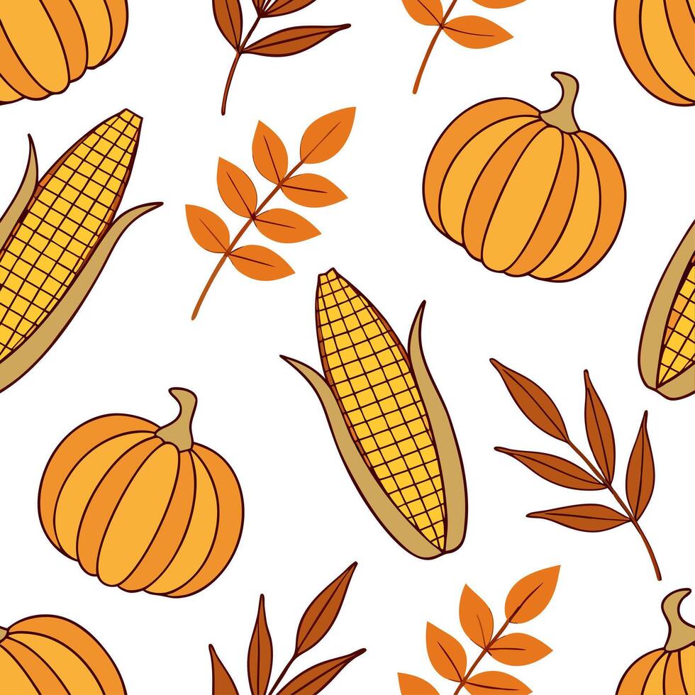 Harvest themed seamless tile pattern with corn cobs pumpkins and fall leaves in warm tones concept as Corn cobs pumpkins and fall leaves in warm tones create a harvest themed seaml Dynamic vector