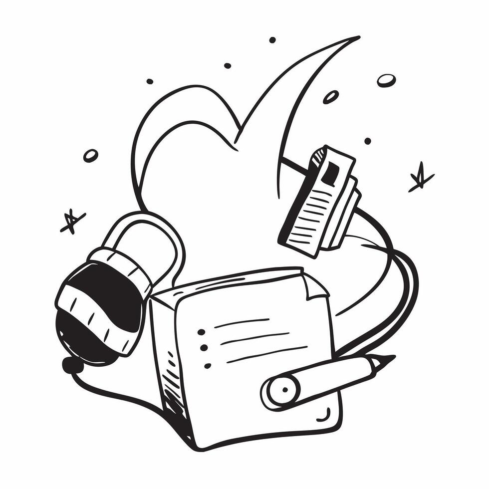 Headphones and notebook illustration with space for text and graphics concept as An illustrative headphones and notebook design featuring ample space for both text and graphics per Dynamic vector