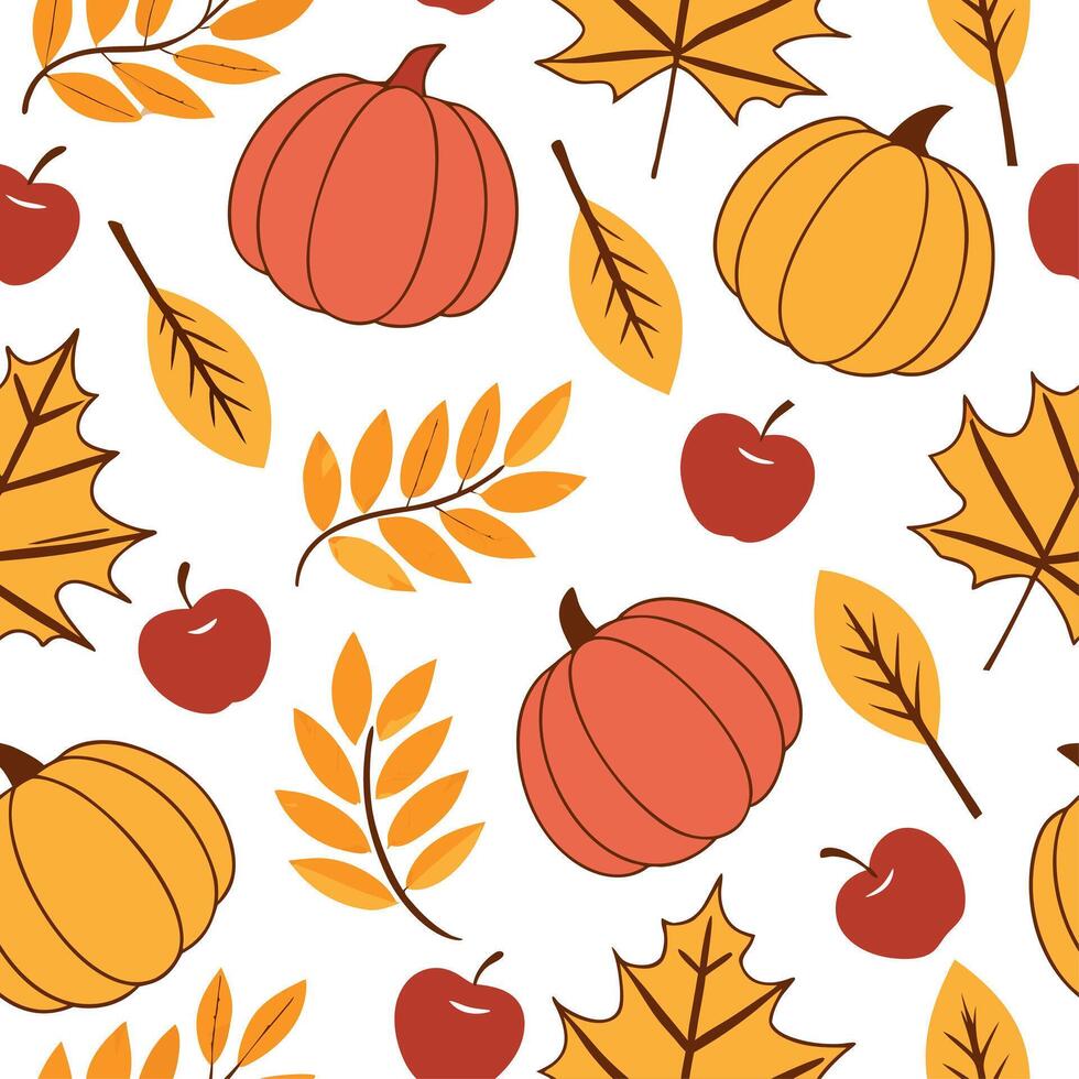 Harvest autumn leaves seamless tile pattern with wheat stalks and pumpkins for farmhouse inspired decor concept as Wheat stalks and pumpkins arranged seamlessly with autumn leaves Dynamic vector