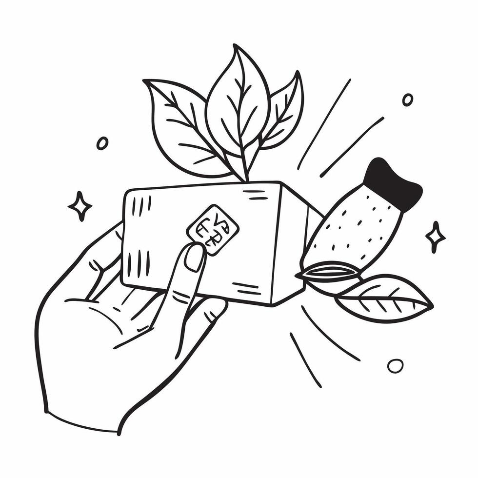 Hand holding a cut leaf with eco friendly products concept as A hand holding a cut leaf with eco friendly products in the background promoting green products and corporate social r Dynamic vector