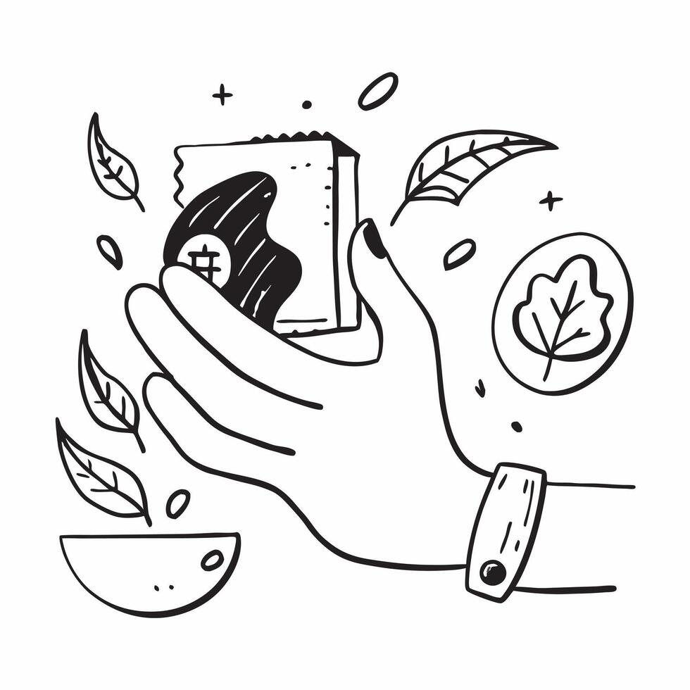 Hand holding a cut leaf with eco friendly products concept as A hand holding a cut leaf with eco friendly products in the background promoting green products and corporate social r Dynamic Set 2 vector