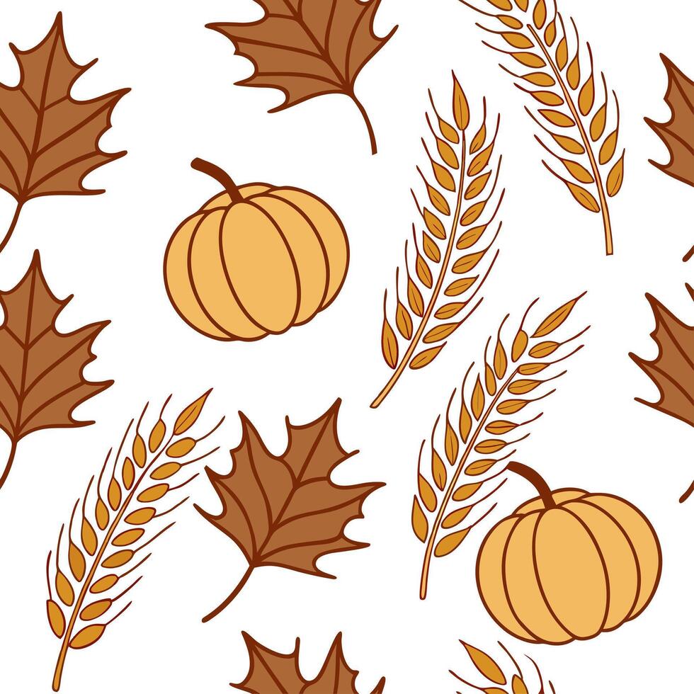 Harvest autumn leaves seamless tile pattern with wheat stalks and pumpkins for farmhouse inspired decor concept as Wheat stalks and pumpkins arranged seamlessly with autumn leaves Dynamic Set 2 vector