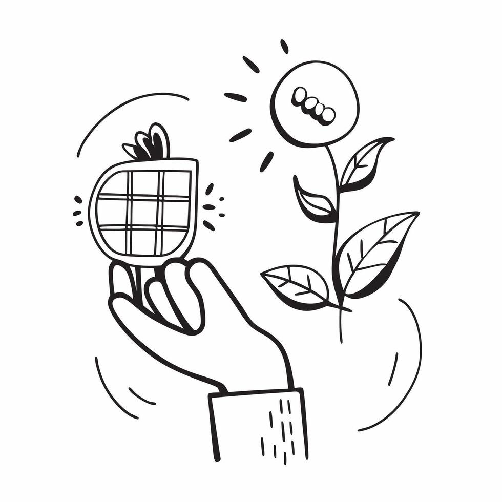 Hand holding a cut leaf with a solar panel installation concept as A hand holding a cut leaf with a solar panel installation in the background emphasizing corporate social responsi Dynamic vector