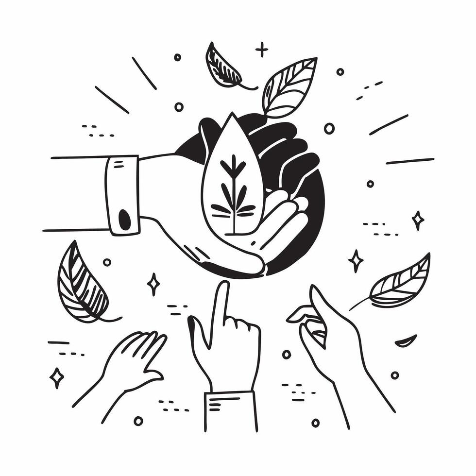 Hand holding a cut leaf with a group of volunteers concept as A hand holding a cut leaf with a group of volunteers in the background highlighting volunteer work and corporate socia Dynamic vector