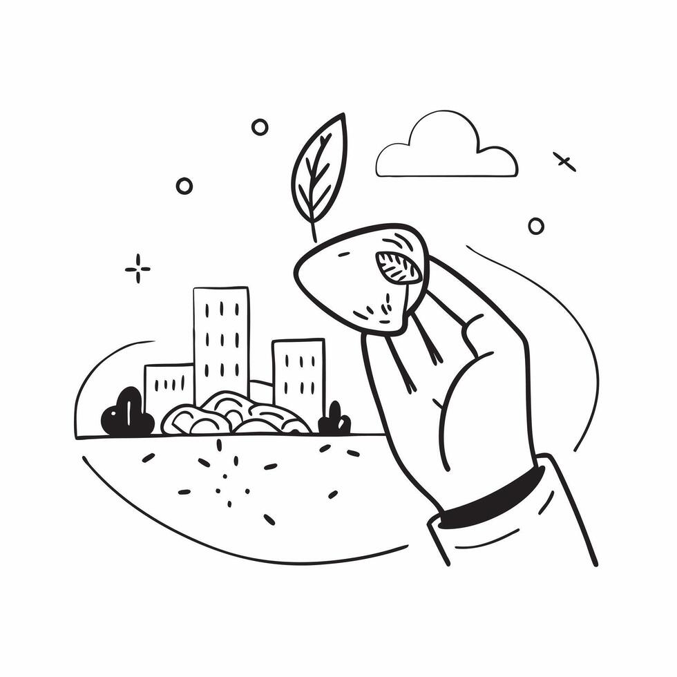 Hand holding a cut leaf with a public park concept as A hand holding a cut leaf with a public park in the background highlighting corporate social responsibility in urban green spa Dynamic vector
