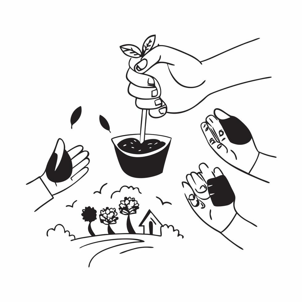 Hand holding a cut leaf with children planting trees concept as A hand holding a cut leaf with children planting trees in the background highlighting youth involvement and corporat Dynamic vector