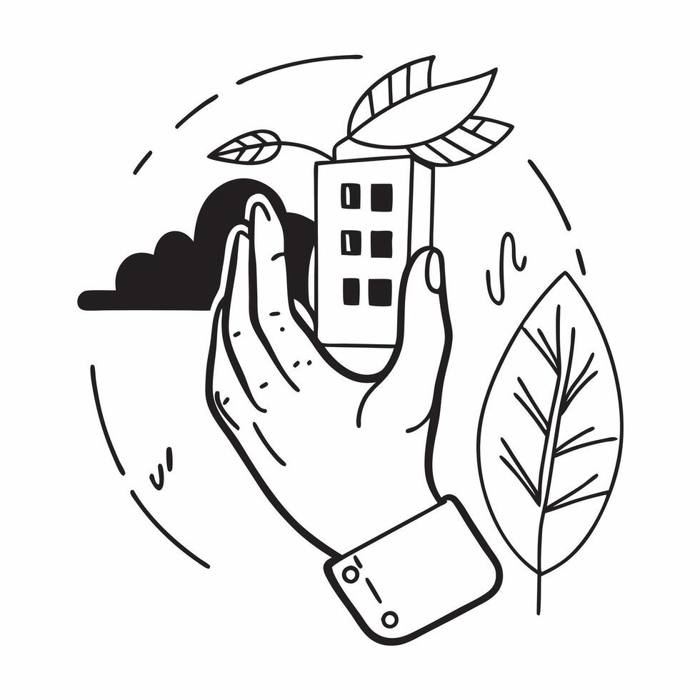 Hand holding a cut leaf with a corporate office concept as A hand holding a cut leaf with a corporate office in the background emphasizing sustainability in corporate environments Dynamic vector