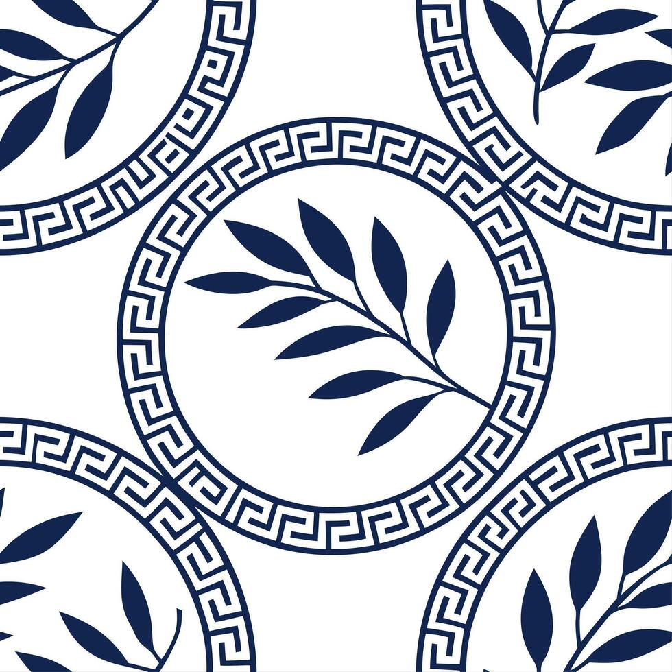 Greek meander patterns and olive branches seamless tile pattern with classic blue and white tones concept as Classic blue and white tones highlight Greek meander patterns intertwin Dynamic vector