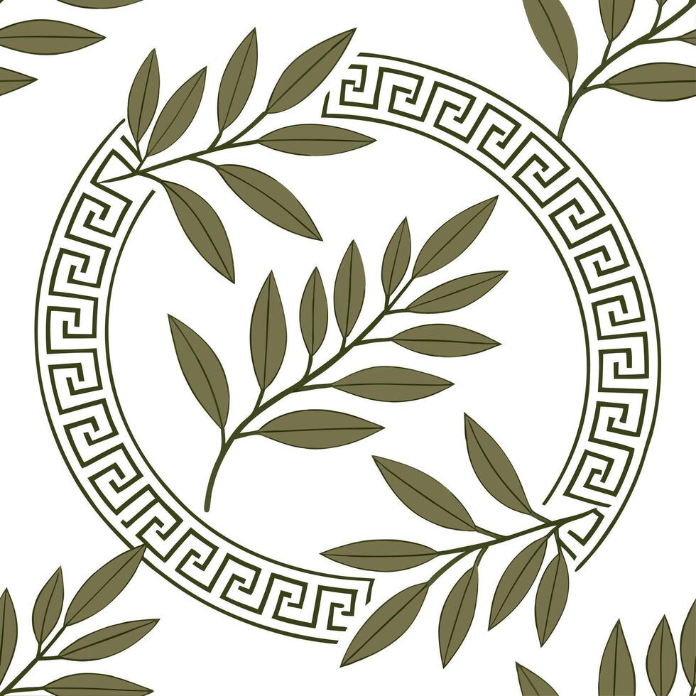 Greek meander and olive branch seamless tile pattern with classic white and green tones concept as Classic white and green tones highlight Greek meander patterns intertwined with o Dynamic vector