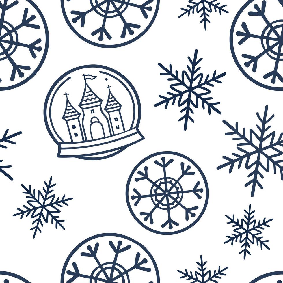 Frosty snowflake and snow globe seamless tile pattern with magical winter elements concept as Magical snow globes paired with frosty snowflakes create a seamless tile pattern with Dynamic Set 2 vector