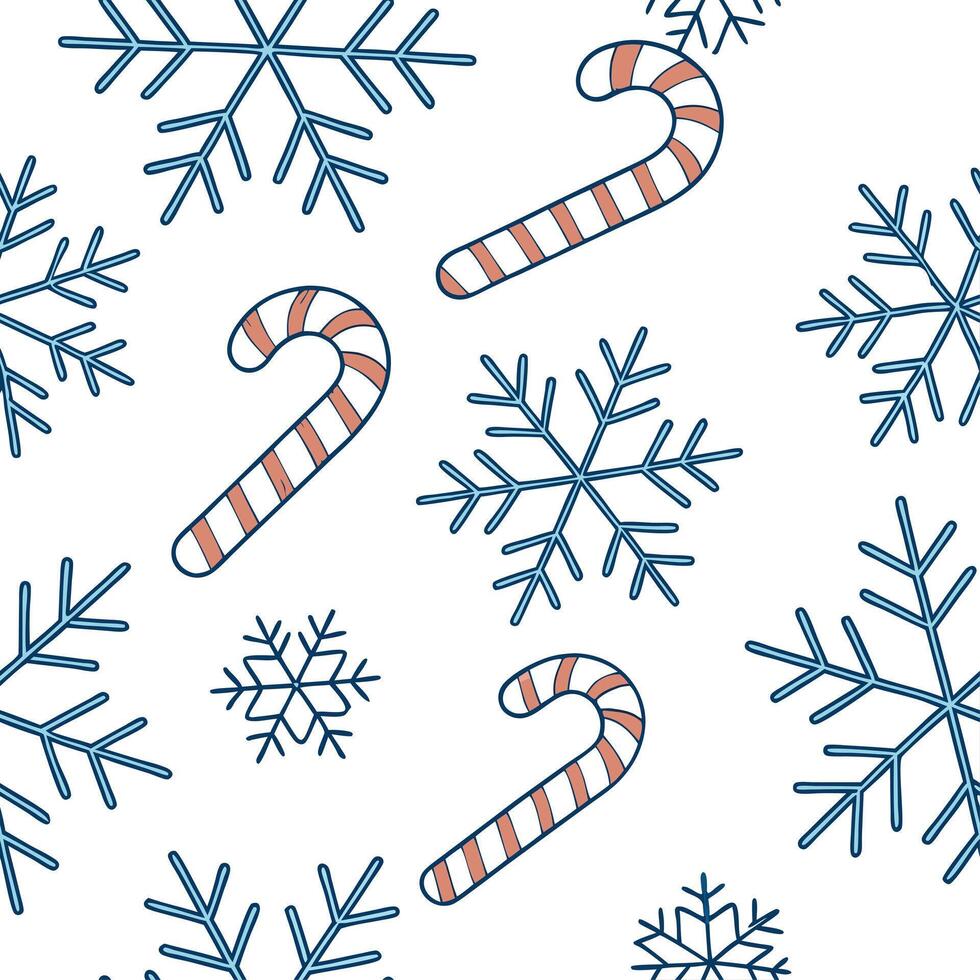 Frosty snowflake and holiday candy cane seamless tile pattern with sweet winter elements concept as Sweet candy canes paired with frosty snowflakes create a seamless tile pattern w Dynamic vector