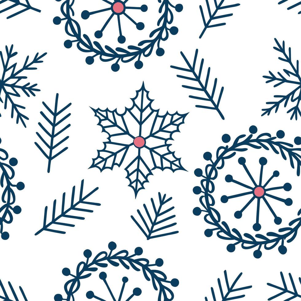 Frosty snowflake and holiday wreath seamless tile pattern with festive winter elements concept as Holiday wreaths paired with frosty snowflakes create a seamless tile pattern with Dynamic Set 3 vector