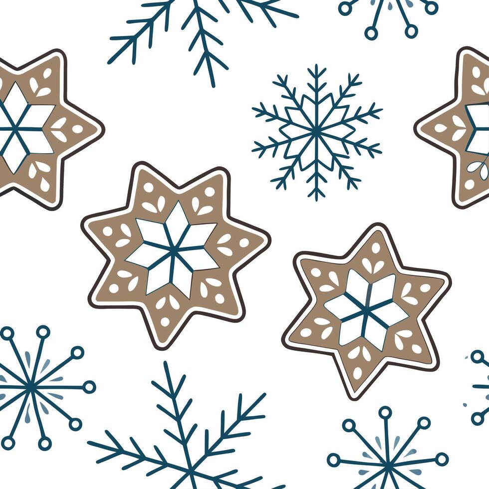 Frosty snowflake and Christmas cookie seamless tile pattern with sweet holiday elements concept as Sweet holiday cookies paired with frosty snowflakes create a seamless tile patter Dynamic vector