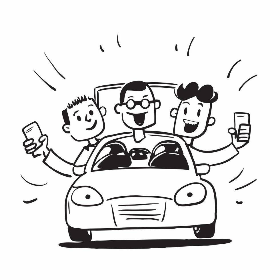 Friends taking a test drive together concept as High resolution image of friends taking a test drive together for their first car with a glossy backdrop capturing the excitement an Dynamic vector