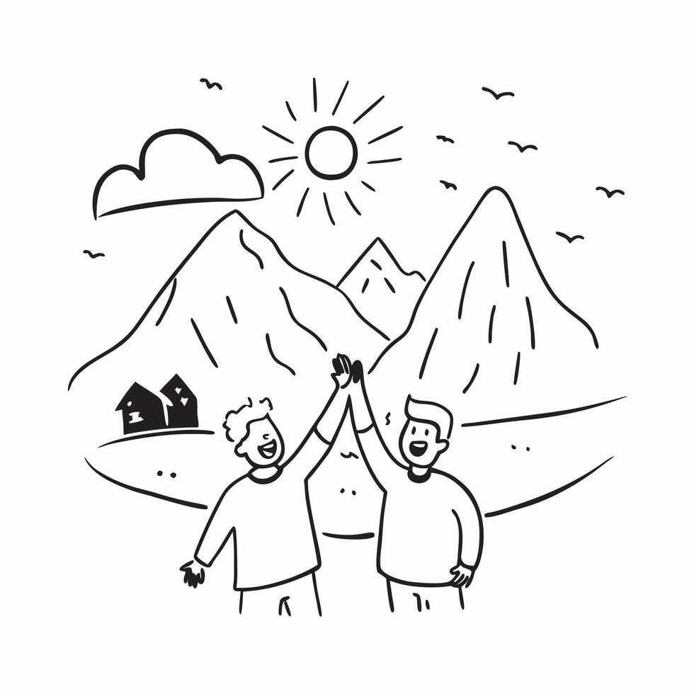 Friends reuniting at a mountain resort concept as Friends reuniting blended with a mountain resort symbolizing the adventure and joy of reuniting at a scenic location Ideal for tr Dynamic vector