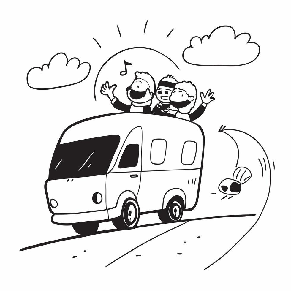 Friends on a road trip with a campervan concept as A group of friends embarks on a road trip with a campervan exploring scenic routes and enjoying the freedom of travel Ideal for Dynamic vector