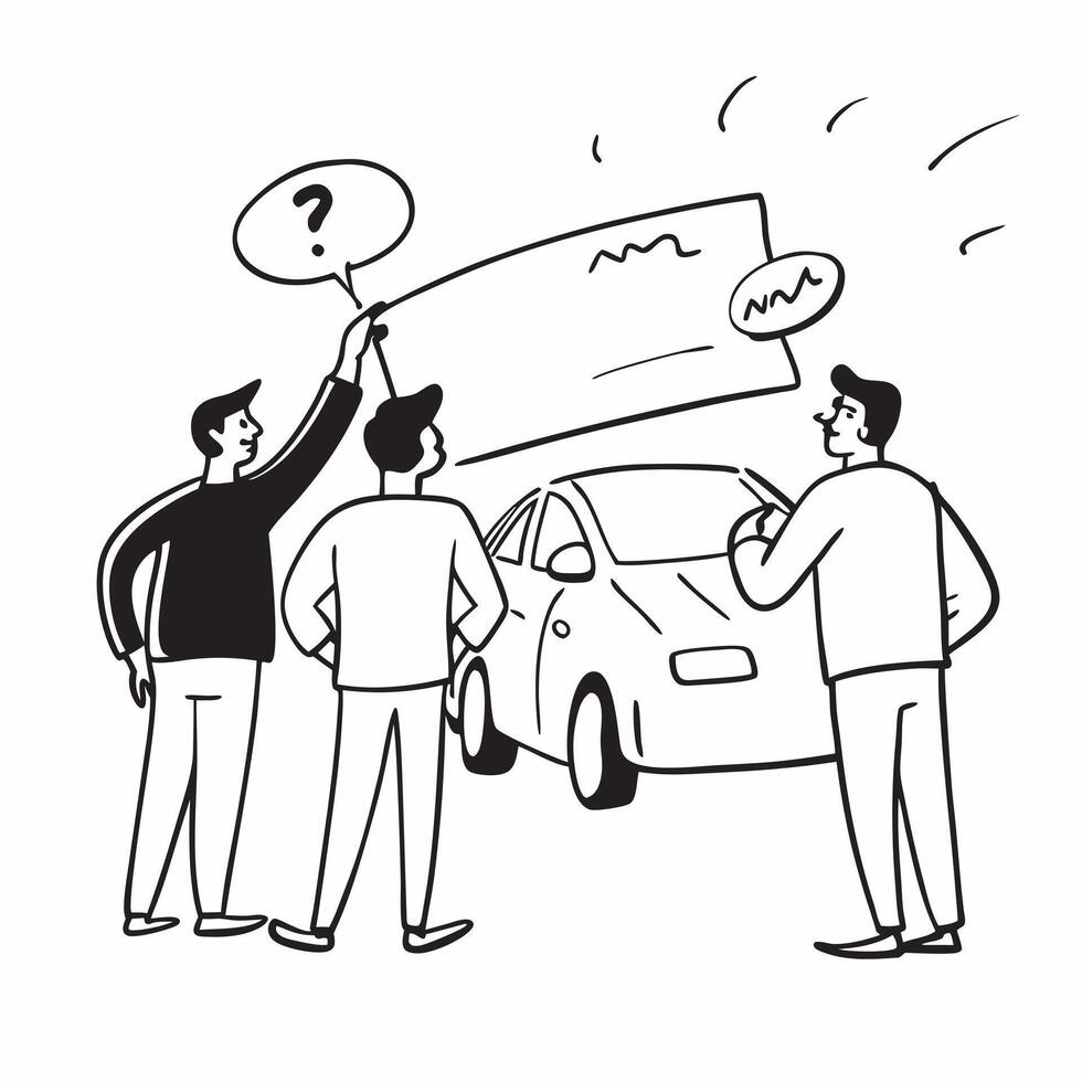 Friends discussing car features concept as High resolution image of friends discussing features for their first car with a glossy backdrop highlighting the excitement and informed Dynamic vector