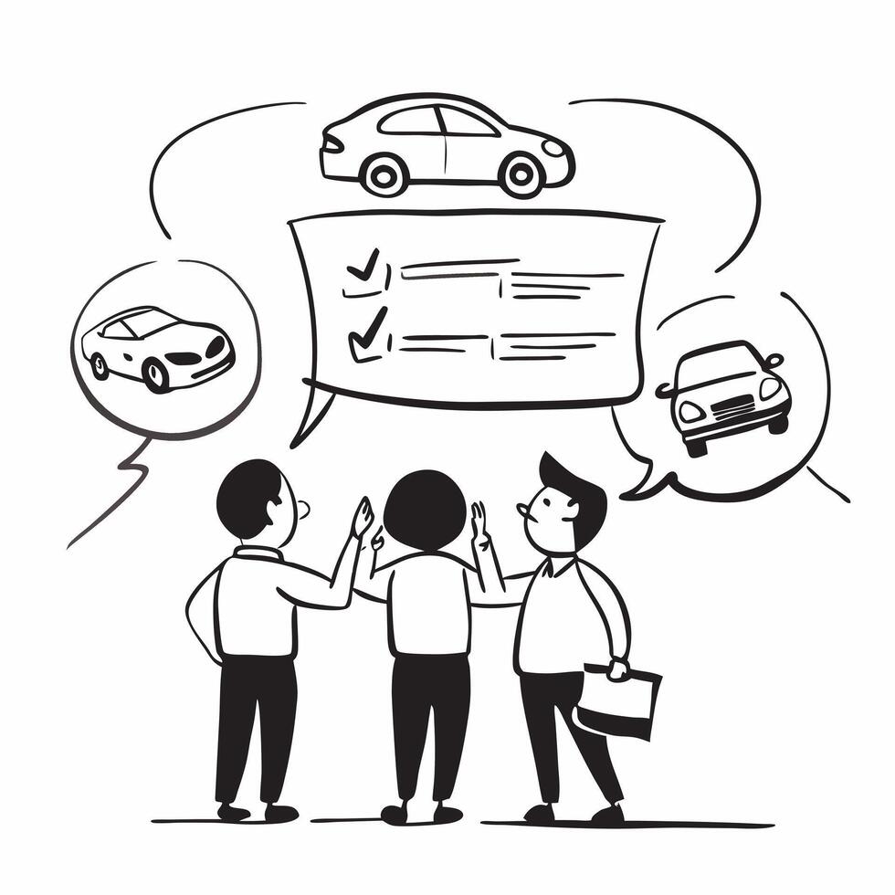 Friends comparing car features concept as High resolution image of friends comparing features of their first cars with a glossy backdrop highlighting the excitement and informed de Dynamic vector