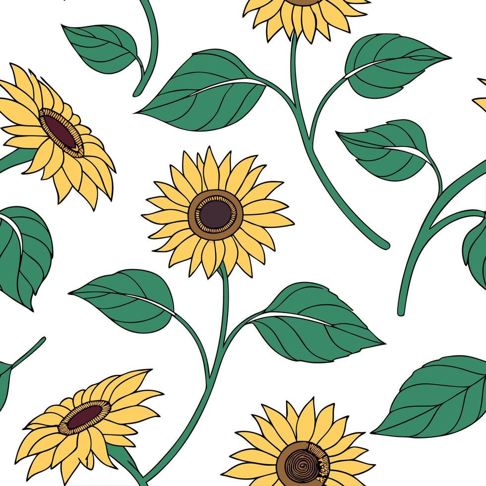 Fresh sunflower seamless tile pattern with bright yellow petals and sunny dispositions concept as Sunflowers with bright yellow petals and rich green leaves create a cheerful seaml Dynamic vector