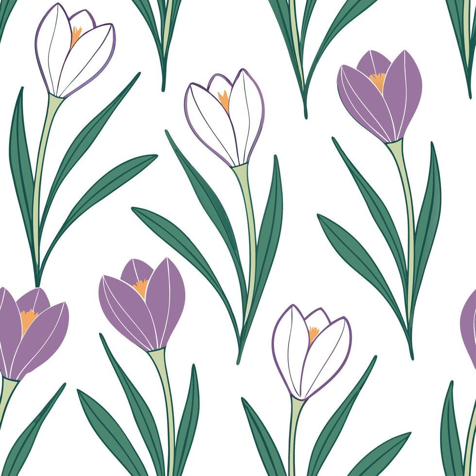 Fresh spring garden seamless pattern with tulips and crocuses for modern outdoor gardens concept as Modern outdoor garden design featuring tulips and crocuses arranged in a seamles Dynamic vector
