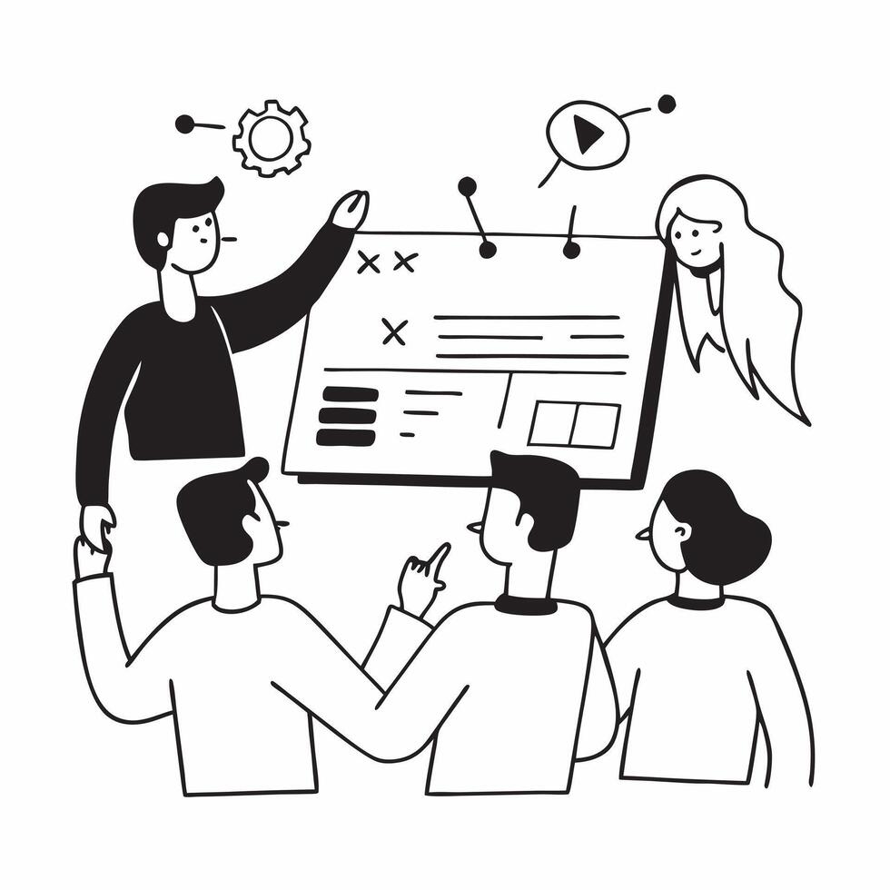 Flat design as Team discussing project milestones in a meeting room concept as A illustration of a team discussing project milestones in a meeting room utilizing a 3 color p Dynamic vector
