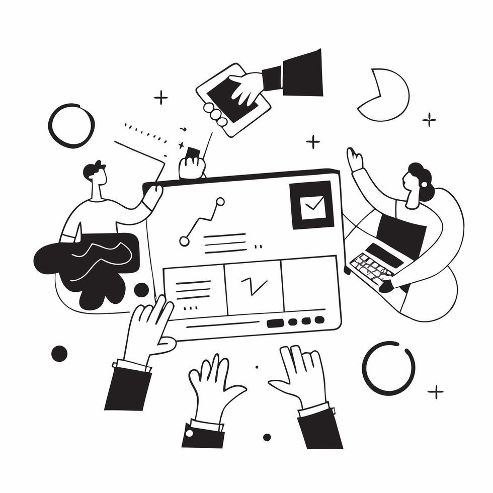 Flat design as Marketing team brainstorming in a creative workspace concept as A illustration of a marketing team brainstorming in a creative workspace using laptops and tab Dynamic vector
