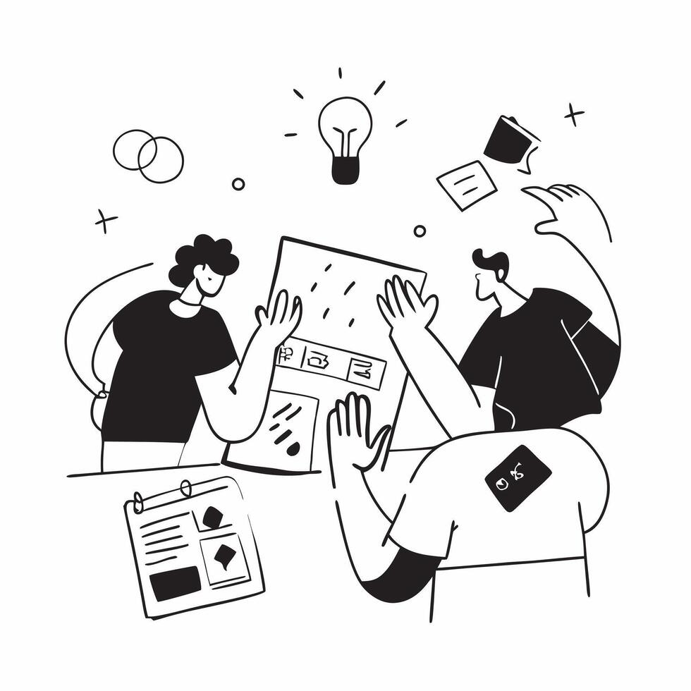 Flat design as Colleagues in a brainstorming session in a creative office concept as A illustration of colleagues in a brainstorming session in a creative office using a 3 c Dynamic vector