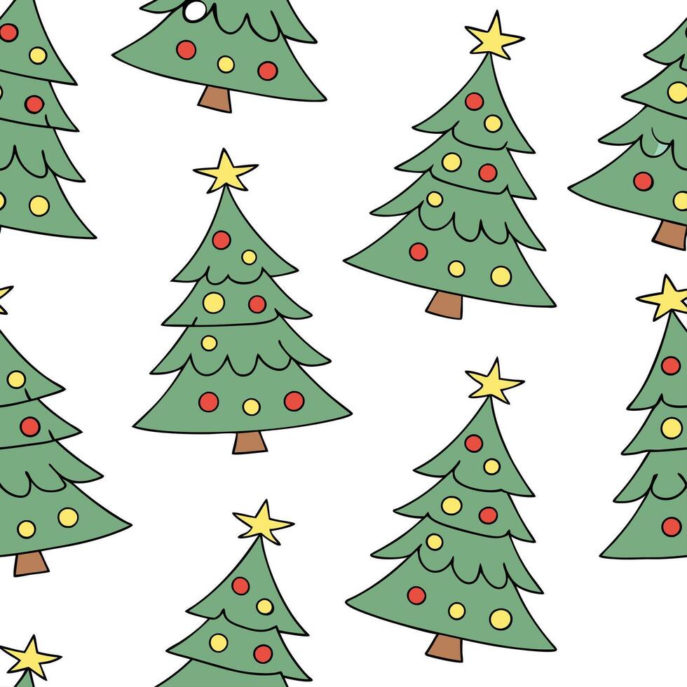 Festive Christmas tree seamless tile pattern with ornaments stars and snowy accents concept as Ornaments and stars adorn festive Christmas trees with snowy accents in a seamless ti Dynamic vector