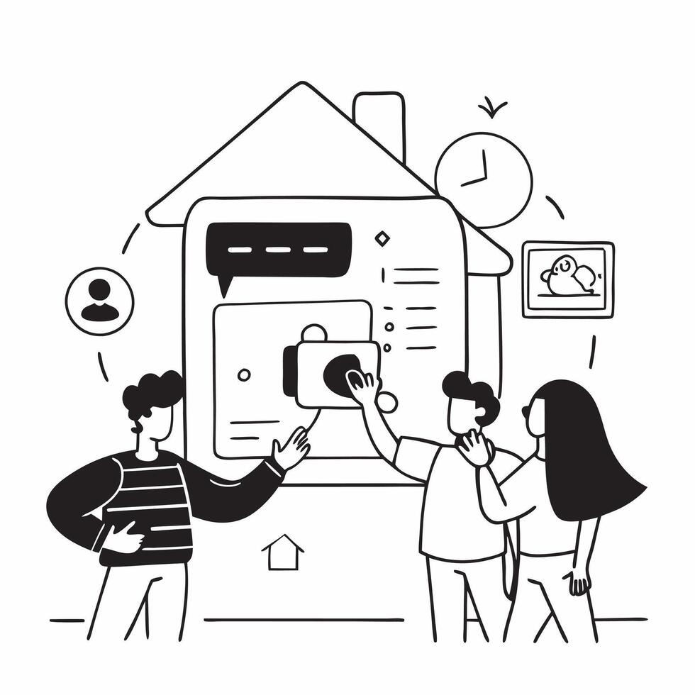 Family using a smart home system concept as High resolution image of a family using a smart home system with a glossy backdrop showcasing the convenience and cost saving benefits o Dynamic Set 2 vector