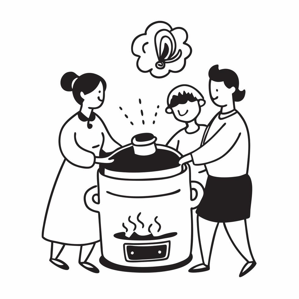 Family using a slow cooker concept as High resolution image of a family using a slow cooker with a glossy backdrop highlighting the cost effective and time saving benefits of cooki Dynamic vector