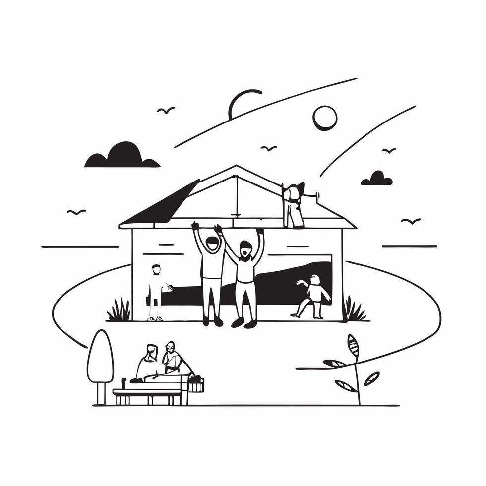 Family having fun at a lakeside cabin concept as High resolution image of a family having fun at a lakeside cabin to escape the heat showcasing relaxation bonding and picturesque s Dynamic Set 2 vector