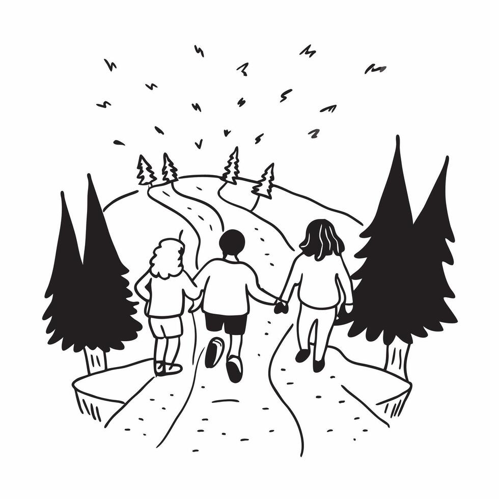 Family hiking through a lush forest concept as A family enjoys a hike through a dense vibrant forest with towering trees and a carpet of green underfoot Perfect for travel and nat Dynamic Set 2 vector