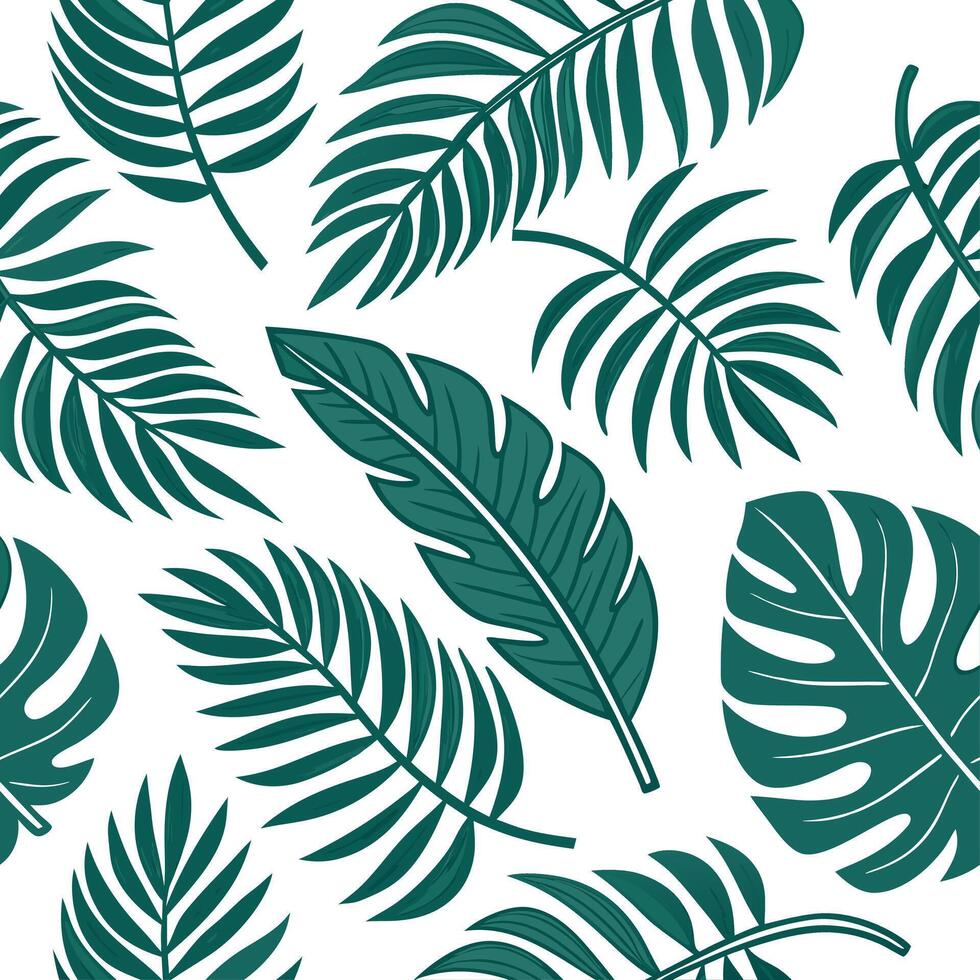 Energetic summer leaves seamless pattern with palm and fern leaves for bold tropical designs concept as Bold palm and fern leaves arranged seamlessly to create energetic tropical s Dynamic vector