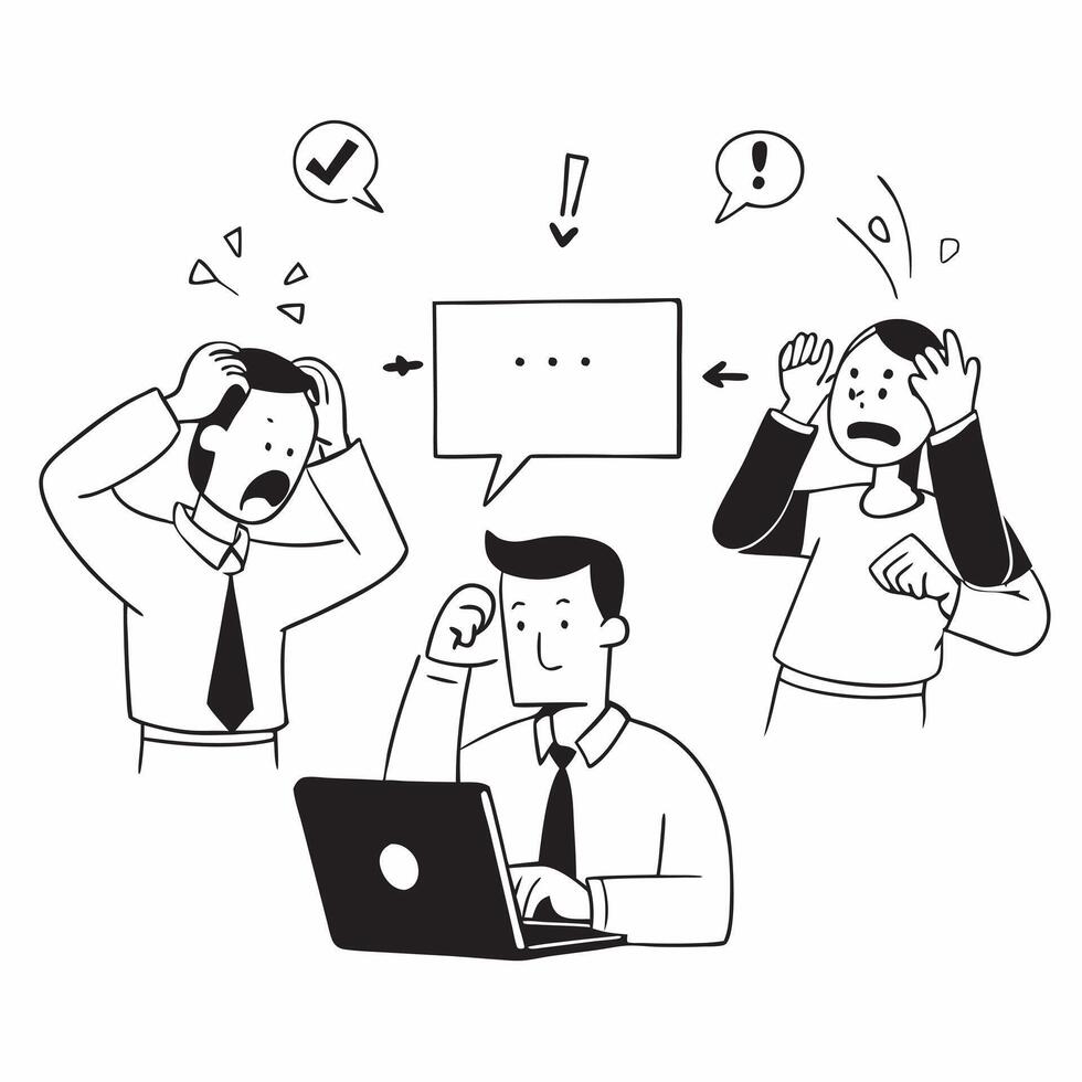 Employees reacting to a negative social media backlash concept as High resolution image of employees reacting to a negative social media backlash highlighting the stress and urgenc Dynamic Set 2 vector