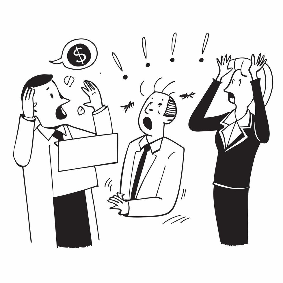 Employees reacting to a sudden loss in stock value concept as High resolution image of employees reacting to a sudden loss in stock value with a panicked and tense atmosphere highl Dynamic vector