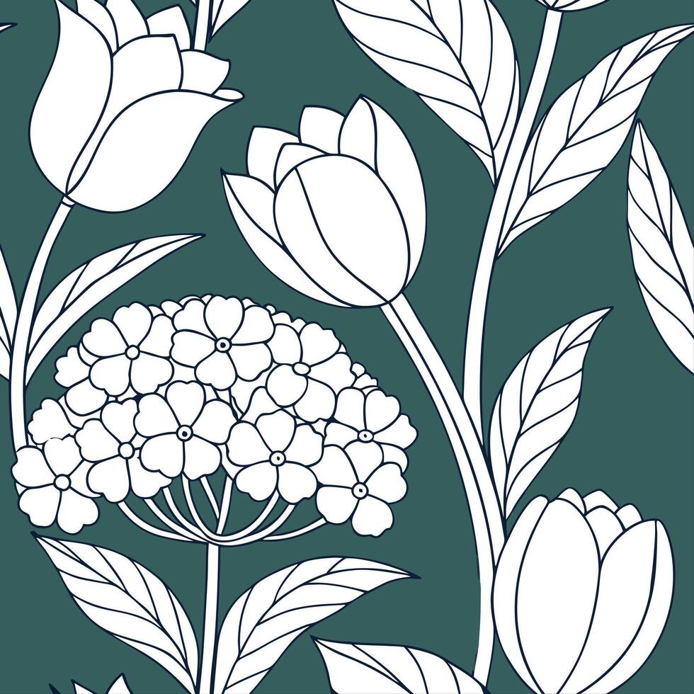 Elegant spring garden seamless pattern with tulips and hydrangeas for classy outdoor spaces concept as Elegant tulips and hydrangeas arranged seamlessly in a refined spring garden Dynamic Set 2 vector