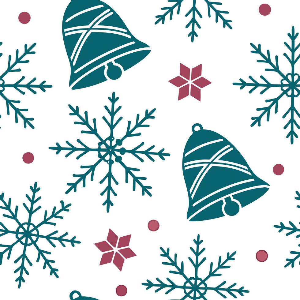 Elegant snowflake and Christmas bell seamless tile pattern with festive winter elements concept as Festive Christmas bells paired with elegant snowflakes create a seamless tile pat Dynamic vector