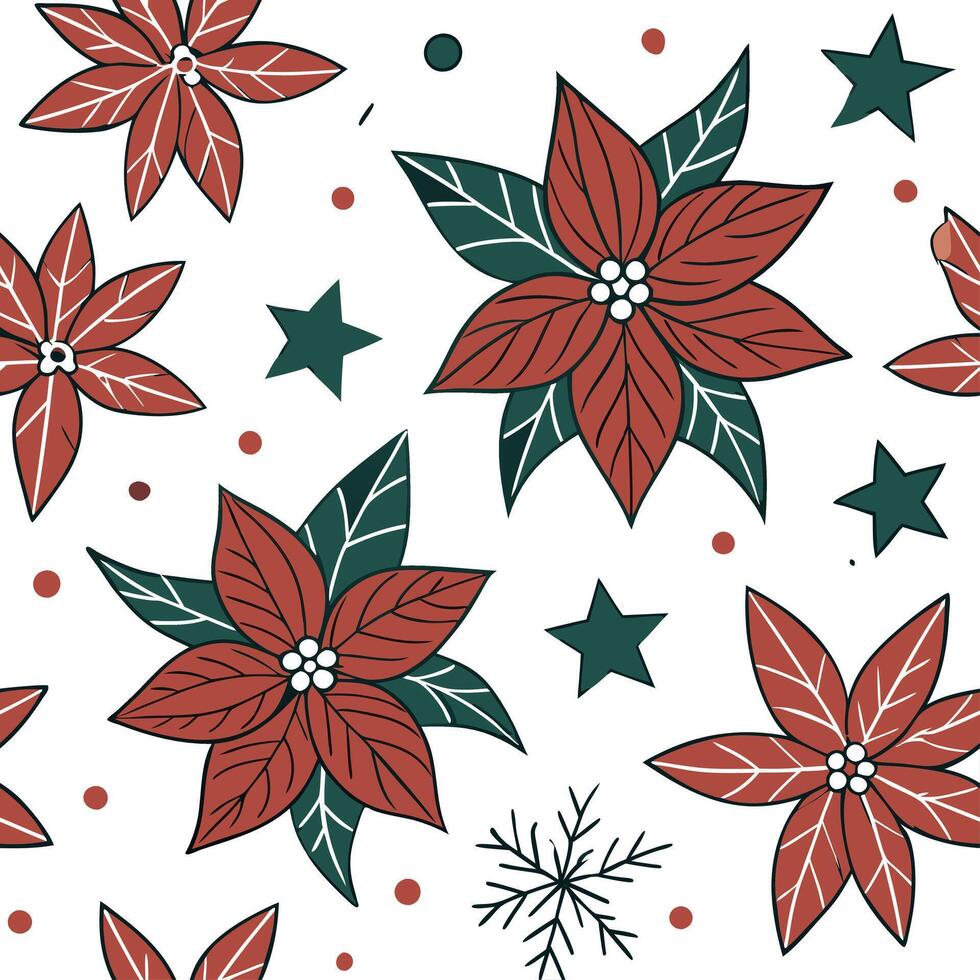 Elegant poinsettia and Christmas star seamless tile pattern with rich festive hues concept as Rich festive hues adorn elegant poinsettias and Christmas stars in seamless tile patte Dynamic vector