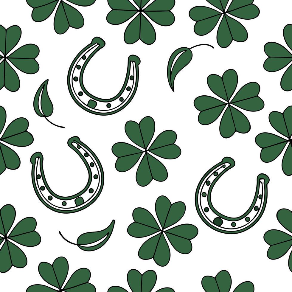 Elegant four leaf clovers and horseshoes seamless tile pattern with rich green hues concept as Rich green hues highlight elegant four leaf clovers and horseshoes in seamless tile p Dynamic vector